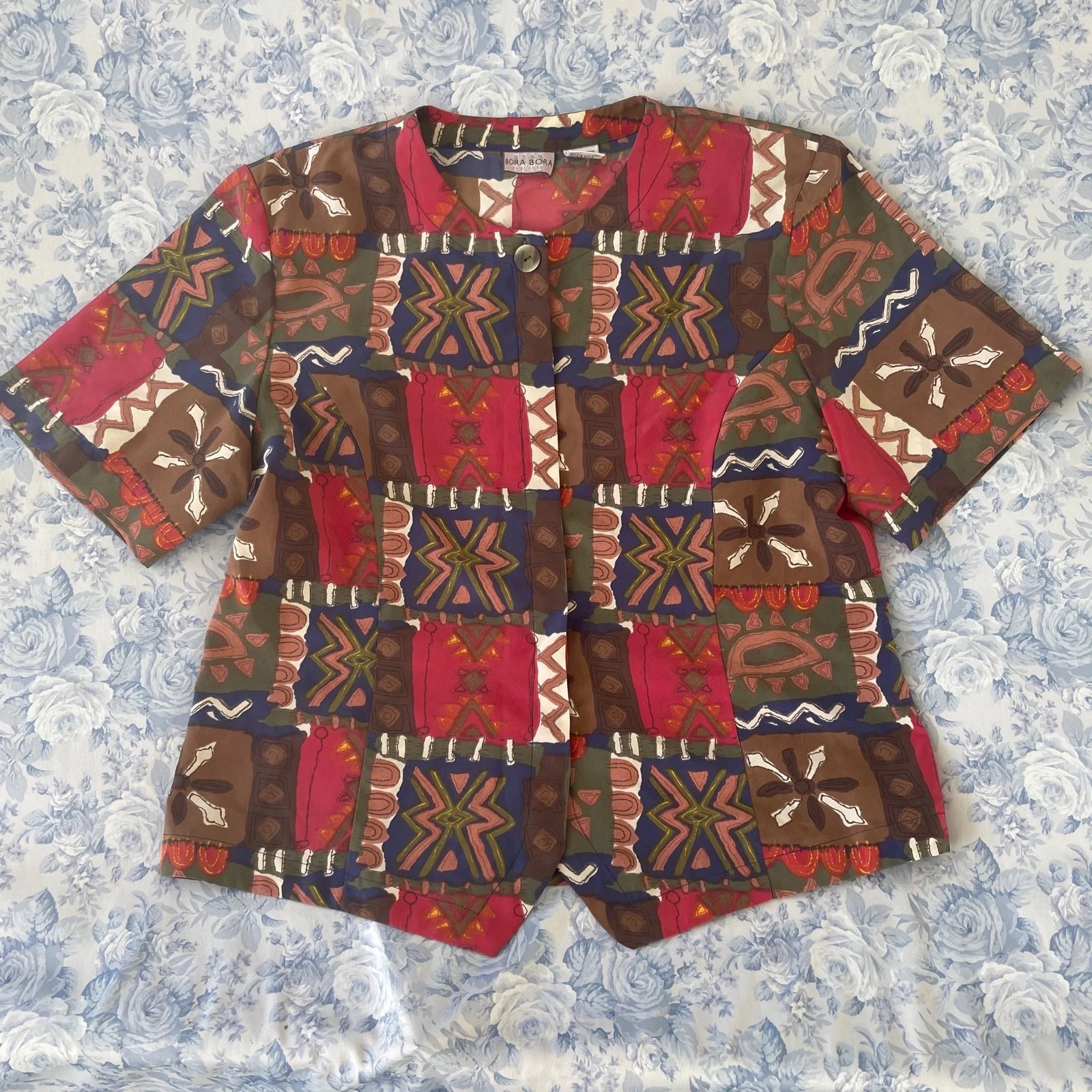 Custom Vintage Blouse Large Button Down Short Sleeved Hippy Print 80s Top Green Red Sun l640wC8pd New Style